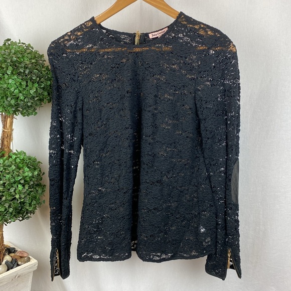 Juicy Couture Black Sheer Crochet Lace Long Sleeve Blouse Top M - Picture 2 of 7